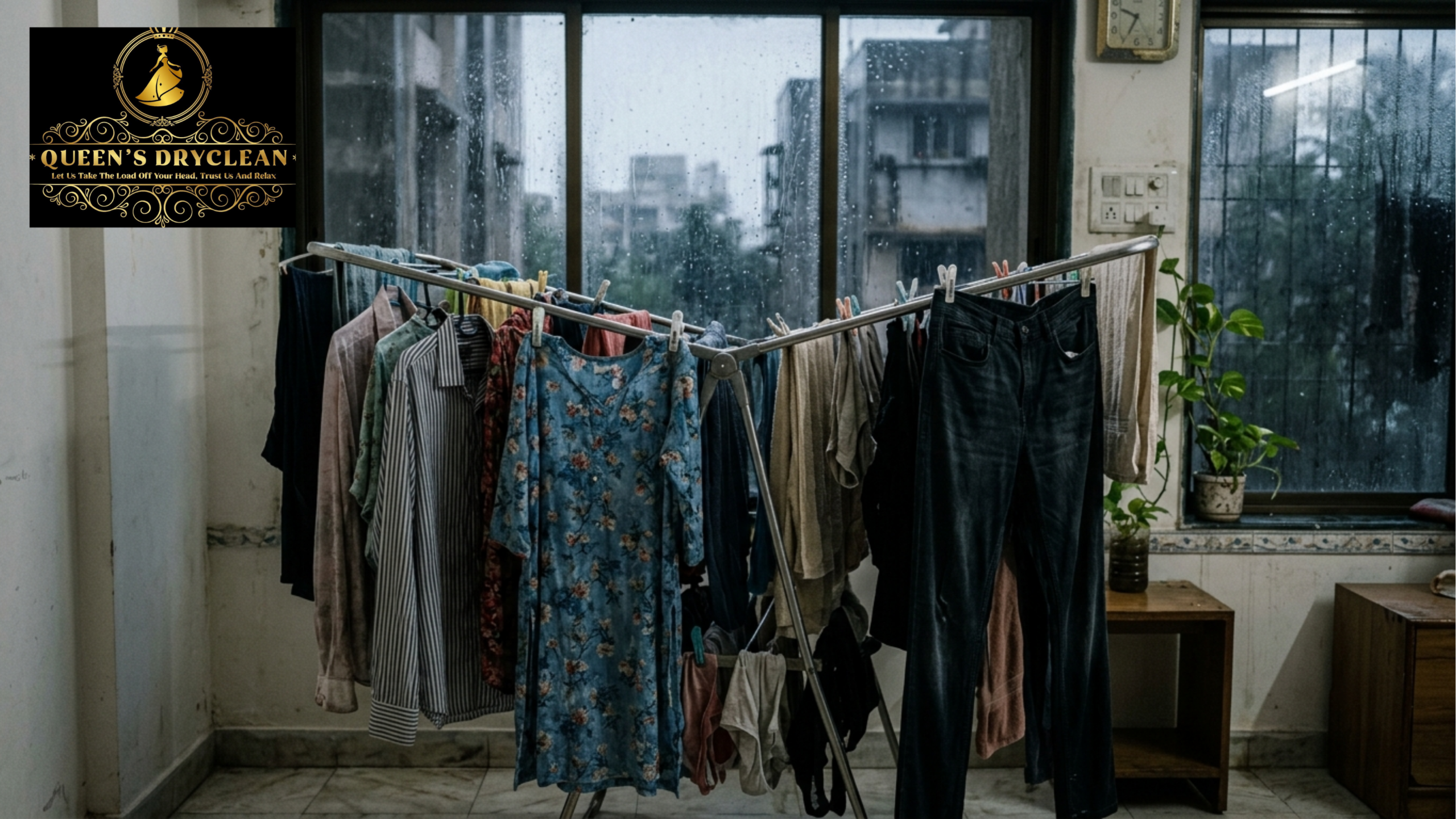 Clothes drying indoors during Mumbai monsoon to prevent humidity and moisture damage