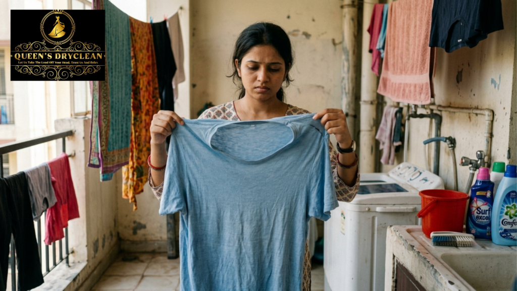 Woman examining a stretched T-shirt after washing before using a clothing repair service