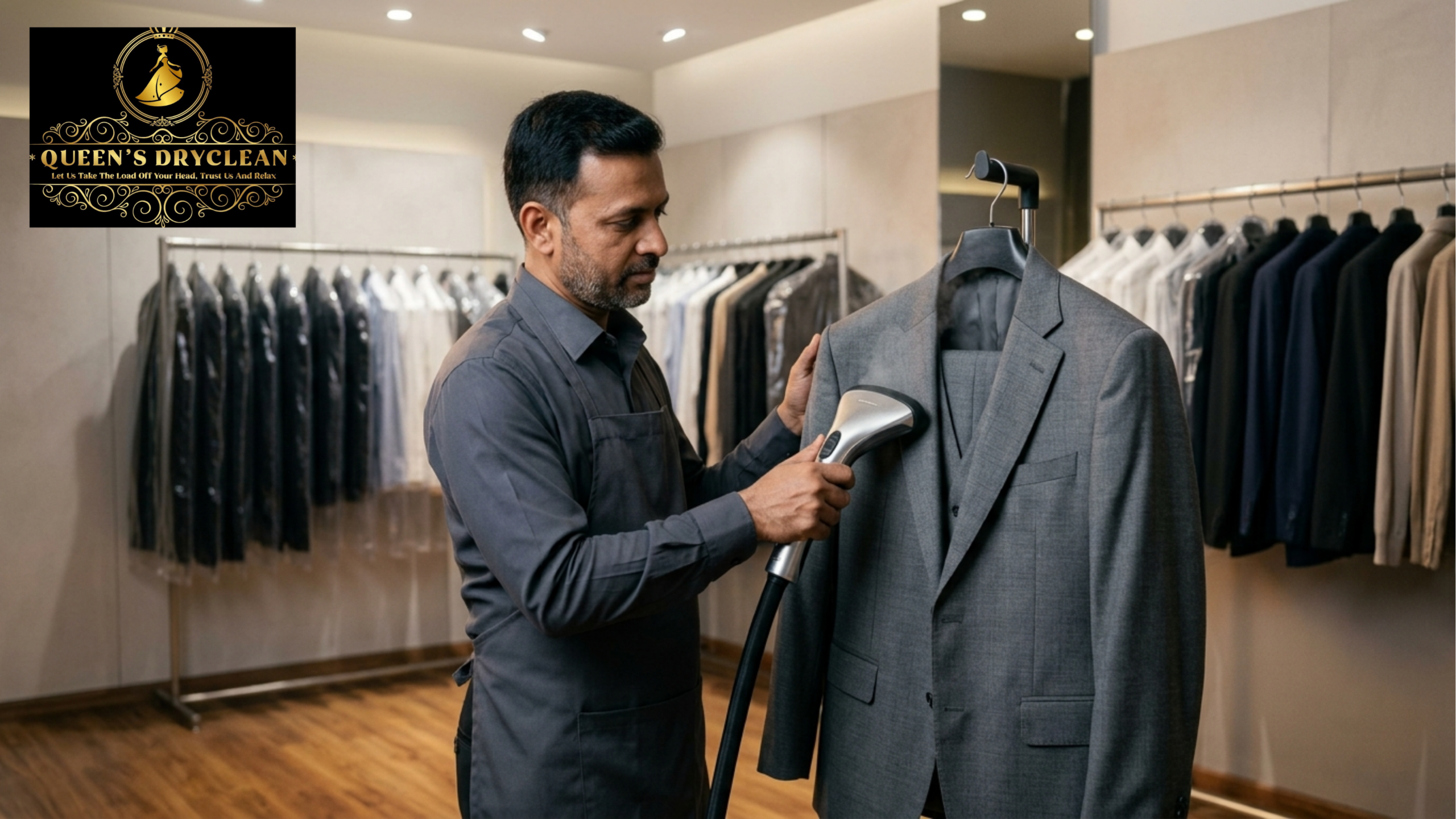Professional cleaning and steaming of a premium suit to protect its shape and finish