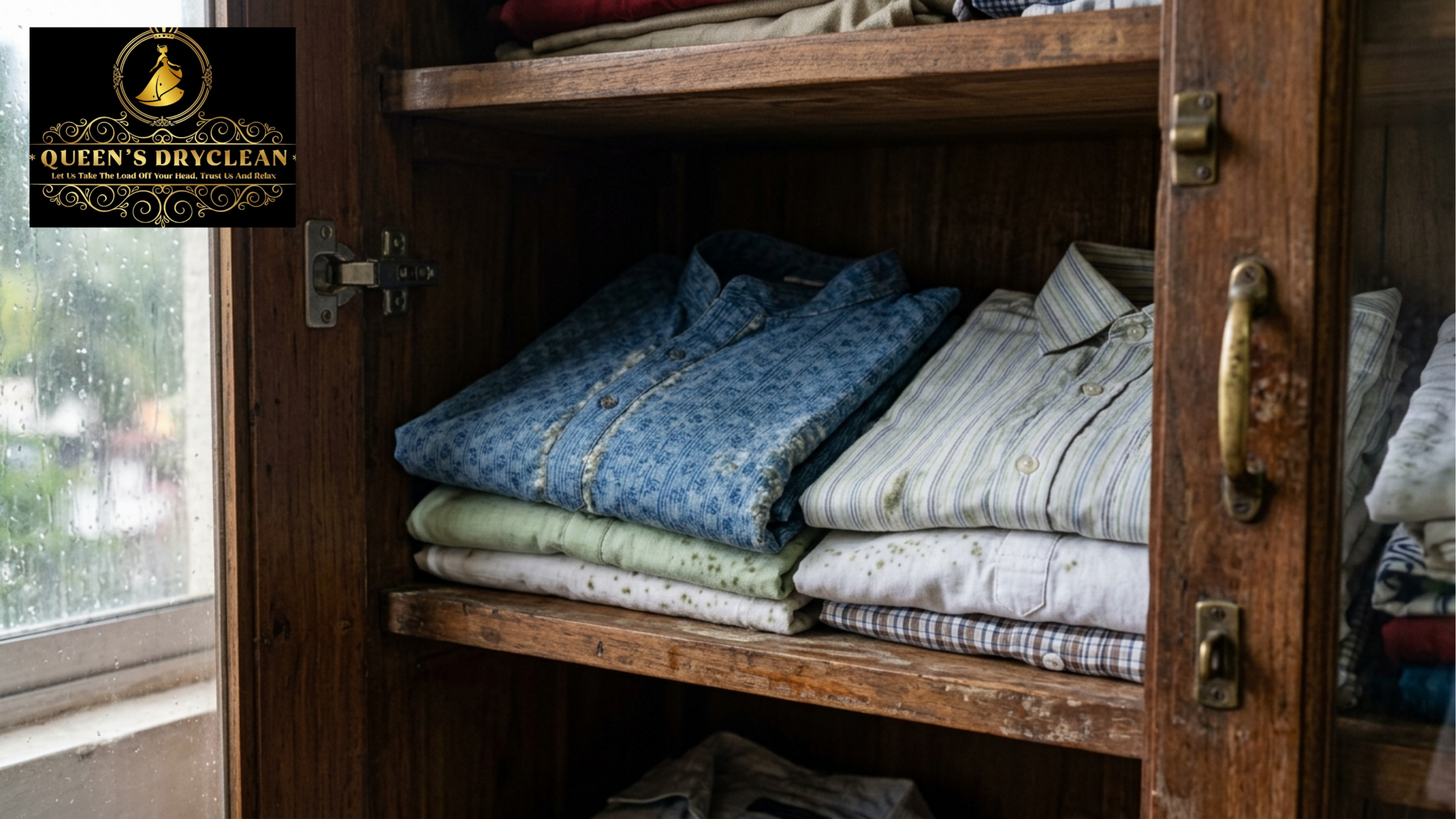 Folded clothes showing moisture and mould damage caused by Mumbai humidity