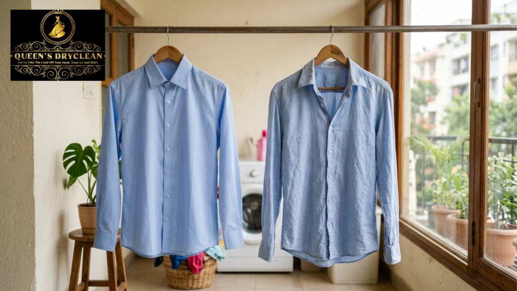 Two blue shirts showing how clothes can lose their shape after washing