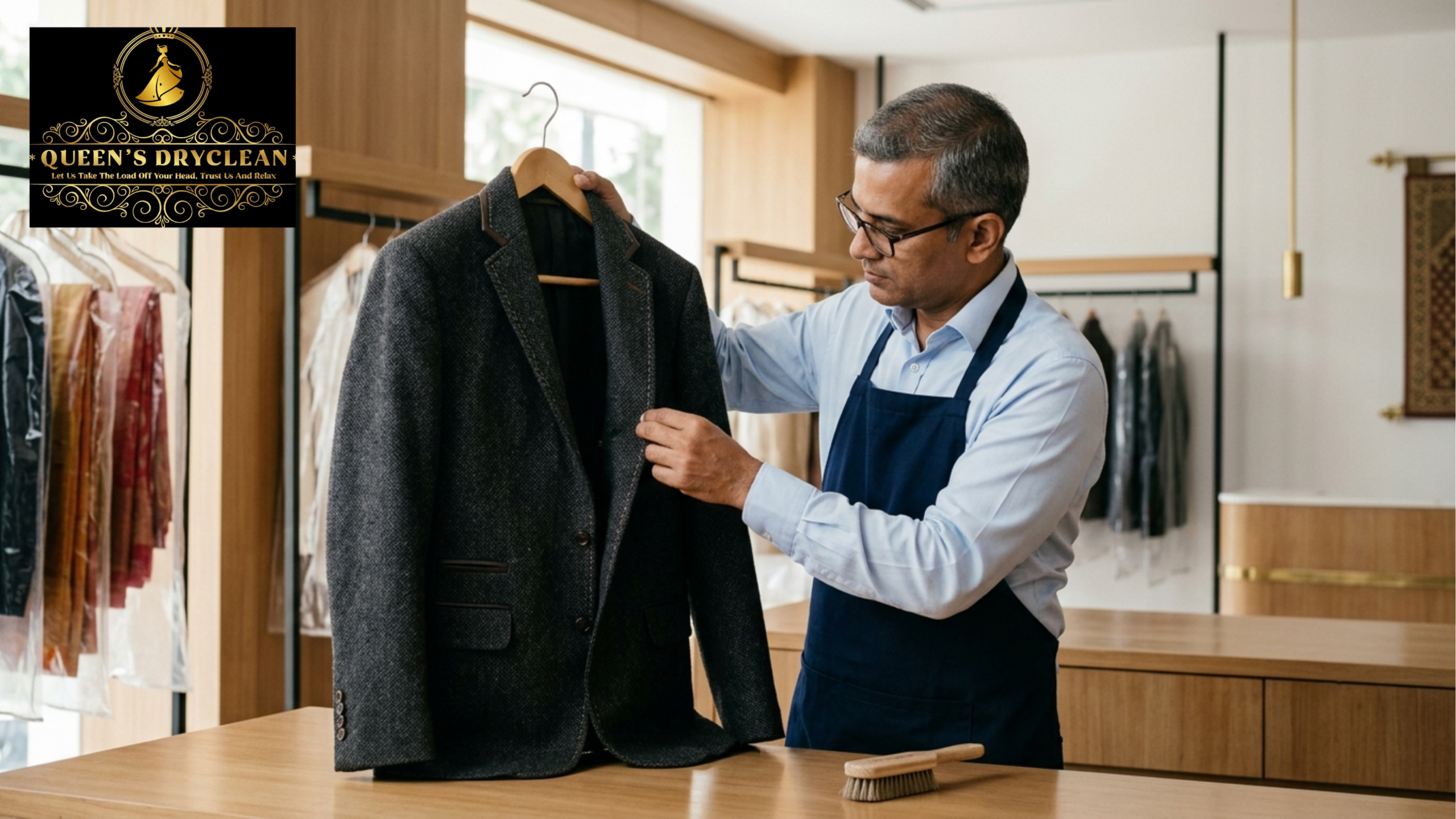 Professional garment care specialist inspecting a luxury blazer before cleaning